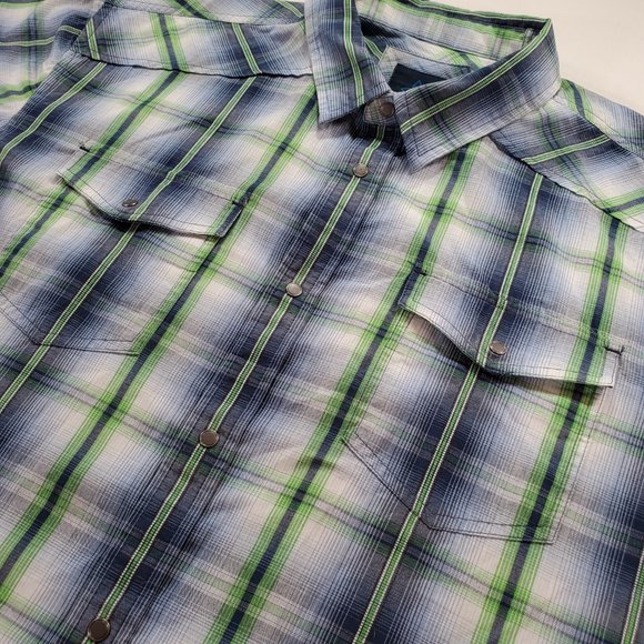 Prana Shirt Men XL Blue Green Madras Plaid Silver Snap Casual Button Up Western - Picture 8 of 15